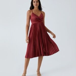 HALARA V Neck Backless Crisscross Lace Up Pleated Midi Party Dress